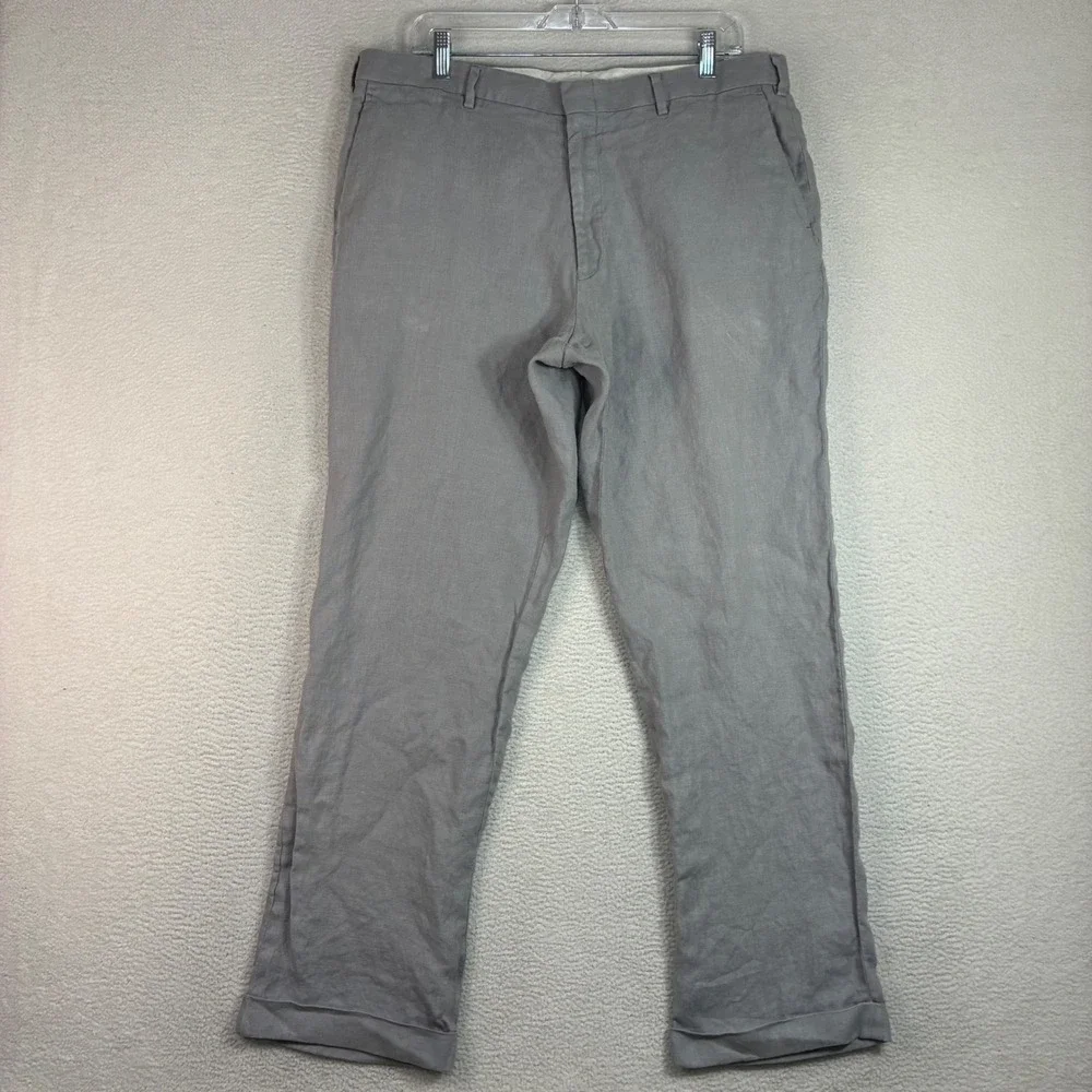 J Crew Ludlow Linen Pants Men 38x30 Gray Irish Preppy Cuff Dress Trouser Somelos